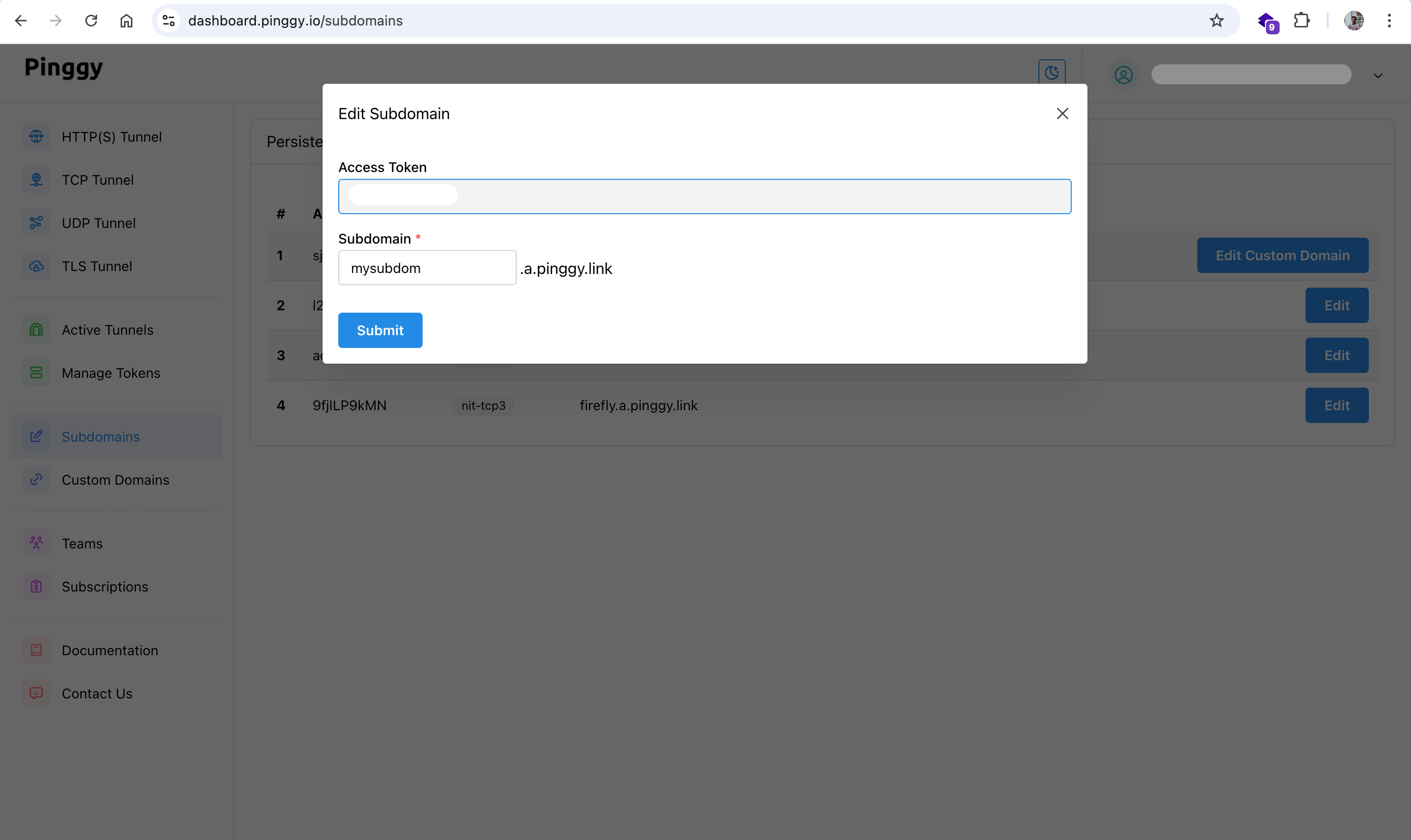 Edit persistent subdomain for Pinggy